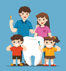 Smiling Kids with parents standing next to big white tooth. They are holding toothbrush showing healthy clean tooth. Hygiene and care.
