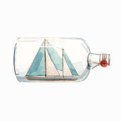 Watercolor ship in bottle vector illustration