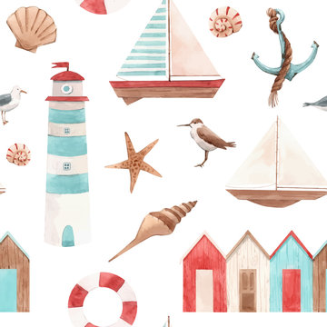 Watercolor marine vector pattern