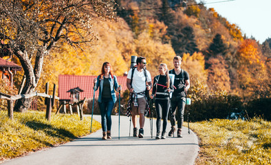 Obraz premium Group of friends hiking through countryside together