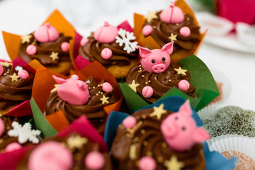 Fototapeta na wymiar Miss piggy cupcakes - beautiful and delicious cakes decorated with pink cream shaped funny piggy faces, christmas and new year 2019 themed treat for kids party