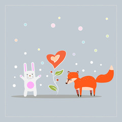 Cartoon fun little foxes fox with white rabbit and flower