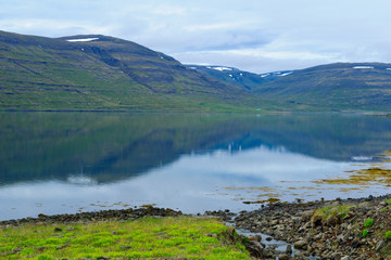 Coastline and landscape along the Isafjordur fjord