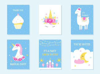 Kids Slumber and Birthday Party Invites. Unicorn, Llama and Cupcake Themes. Vector Design - 242173512