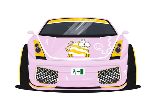 Cartoon decorated car. A pink car in Japanese style called itasha. Jingle car. Front view. Flat vector.