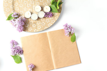 minimalistic composition on a white background. branches of fresh lilac flowers are photographed from the top. summer concept
