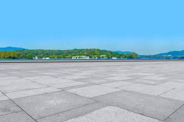 Empty Plaza Floor Bricks and Beautiful Natural Landscape..