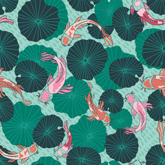 Seamless vector pattern with hand drawn Koi fish or Japanese carps and waterlily or lotus leaves in a modern, colorful graphic style.