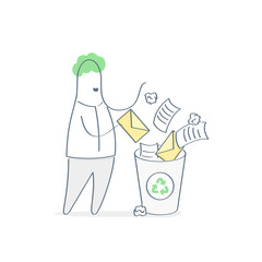 Cleaning of mail and work space from garbage, spam, trash removal. Flat outline office vector illustration. Antivirus, cleaning illustration concept.