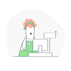 Shop assistant, cashier standing at checkout in supermarket uniform