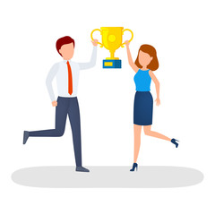 Happy people with golden trophy cup celebrate success.