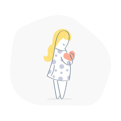 Charity and donation, girl give and share her love to people. Cartoon character holding a heart symbol in her hands