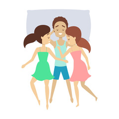 Handsome happy man sleep with two women