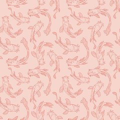 Pink line art swimming Japanese Koi fish on pastel background. Fully editable seamless vector pattern.