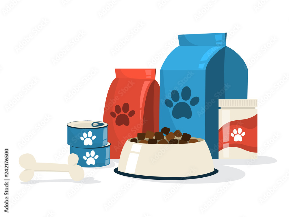 Wall mural food for pet. dog bowl and package