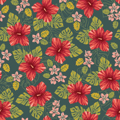 Retro Bold Colorful Tropical Exotic Foliage, Hibiscus Floral Vector Seamless Pattern. Vintage Lush Tropical Palm Leaves