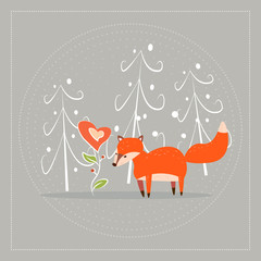 Cartoon fun little foxes fox with heart- flower