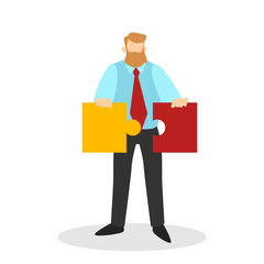 Business character holding puzzle piece. Idea of strategy