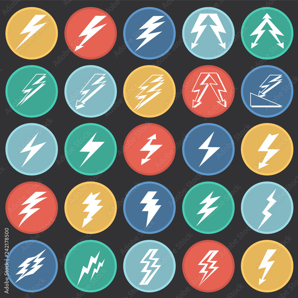 Poster Lightning icon set on color circles black background for graphic and web design, Modern simple vector sign. Internet concept. Trendy symbol for website design web button or mobile