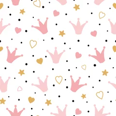 Foto op Plexiglas Meisjeskamer Seamess patroon met doodle roze kronen harten Vector babymeisje behang Kleine prinses ontwerp