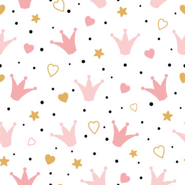 Seamess Pattern With Doodle Pink Crowns Hearts Vector Baby Girl Wallpaper Little Princess Design