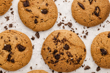 Homemade chocolate chips cookies on white background, top view