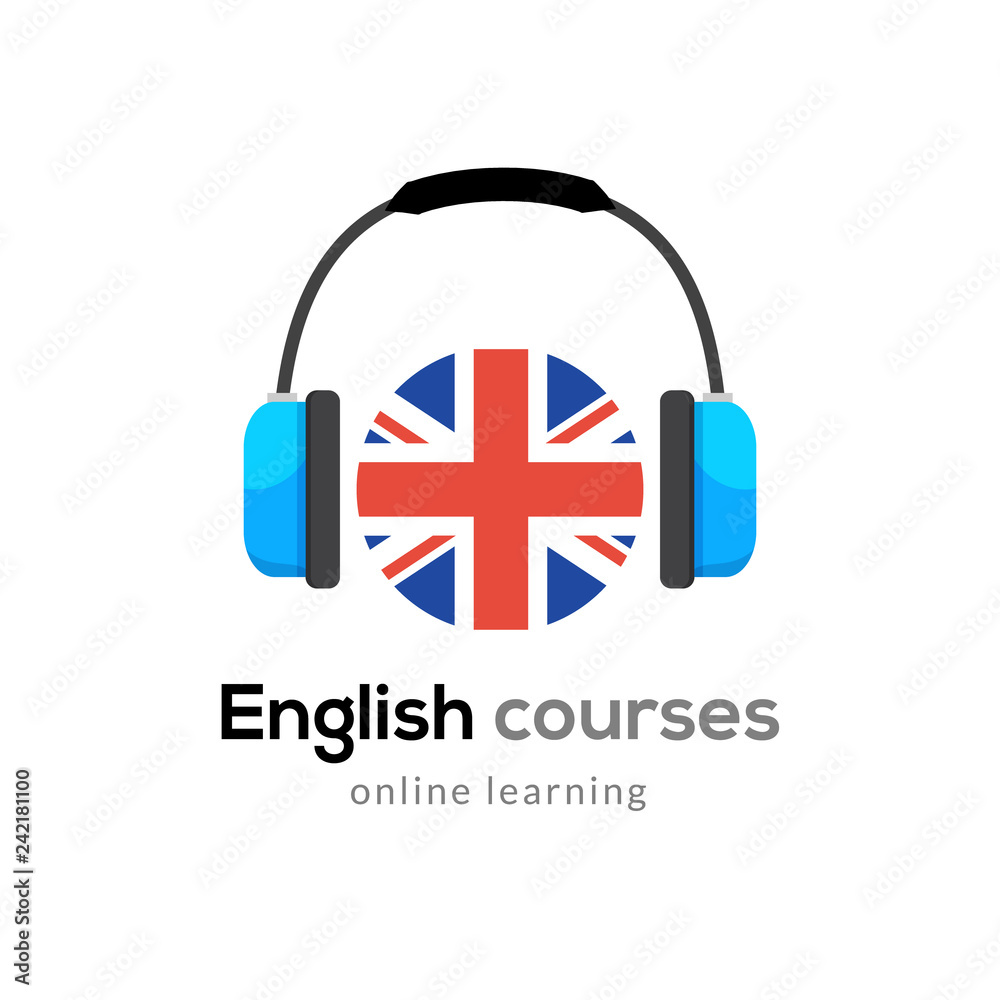 Wall mural English language learning logo icon with headphones. Creative english class fluent concept speak test and grammar