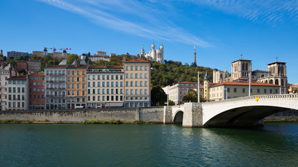 Fototapeta premium Cityscape of Lyon, town in France at riverside Saone at sunny day