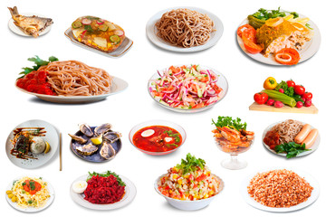 Set of many plates with tasty food over white background