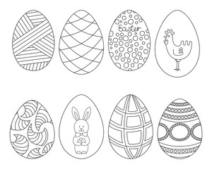 Hand-drawn Easter eggs. Black and white elements for coloring. Vector.