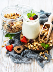 healthy breakfast, yogurt and granola