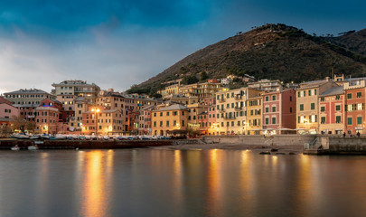 Nervi, Genoa at night with reflections on the bay