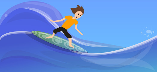 Boy surfing on wave concept banner. Cartoon illustration of boy surfing on wave vector concept banner for web design