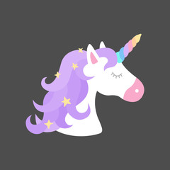 Colorful rainbow unicorn vector illustration drawing. Cute unicorn's head with rainbow horn and violet mane with sparkling stars. 