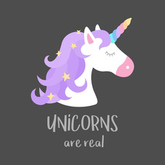 Unicorns are real quote, vector illustration icon. Cute colorful unicorn graphic print isolated on grey background.