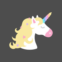 Colorful rainbow unicorn vector illustration drawing. Cute unicorn's head with rainbow horn and yellow mane with sparkling stars. 