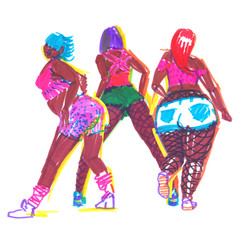 Three confident booty dancers in bright clothes. Sketch illustration painted in highlighter felt tip pen on clean white background