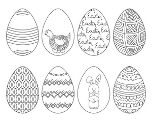 Hand drawn Easter eggs set. Black and white egg icons with a variety of ornaments in Doodle style. Vector. 