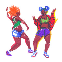 Two confident brightly dressed girls dancing. Sketch illustration painted in highlighter felt tip pen on clean white background