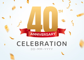40 Anniversary gold numbers with golden confetti. Celebration 40th anniversary event party template