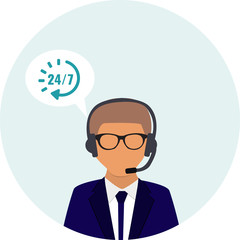 Call center service 24 hours. Operator consultant man icon design.  Customer service icon. Vector illustrator