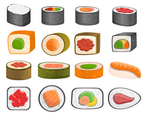 Sushi roll icon set. Cartoon set of sushi roll vector icons for web design