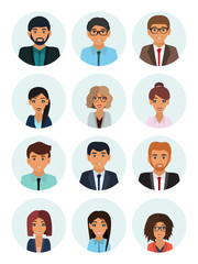 Male and female faces avatars. Businessman and businesswoman avatar icons. Team icons collection. Flat vector icons set.  Vector illustration