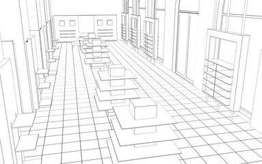 shop, mall, shopping mall, contour visualization, 3D illustration, sketch, outline