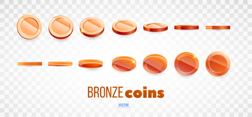 A set of bronze coins. Realistic ten coins from different angles of view. Isolated on white. For your online casino design