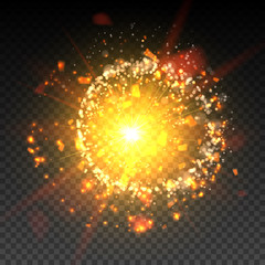 Goold glitter particles background effect. Light effect in an explosion on a black background. Vector illustration 3D, of realistic vector, EPS 10