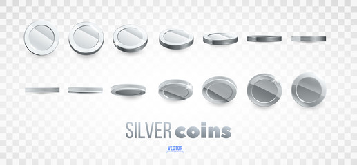 A set of silver coins. Realistic ten coins from different angles of view. Isolated on white. For your online casino design - 242184769