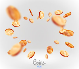 Realistic bronze coins explosion. Isolated on white background.