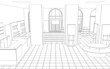 shop, mall, shopping mall, contour visualization, 3D illustration, sketch, outline