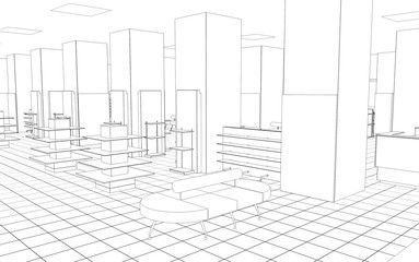 shop, mall, shopping mall, contour visualization, 3D illustration, sketch, outline